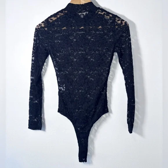 Stems Revolve Black Sheer Lace Long Sleeve Mock Neck Thong Bodysuit Medium New - Picture 3 of 6